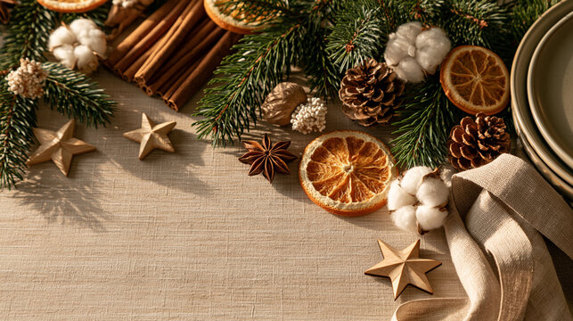 Winter holiday flat lay with dried oranges, cinnamon sticks, and fir branches.