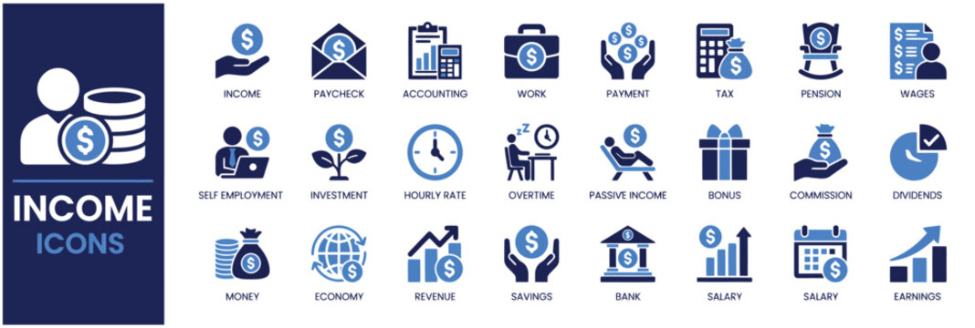 Income related blue and dark blue icon set illustrates various financial concepts.