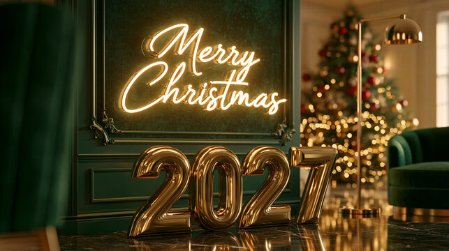 Glowing Merry Christmas 2027 neon sign on a dark green paneled wall.