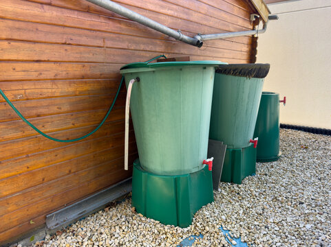Green Rain Barrels Collecting Rainwater in a Garden &ndash; Sustainable Water Conservation Concept