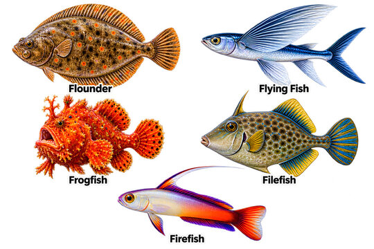 Flounder Flying Frogfish Filefish, Firefish Illustration Composite, Dark Gradient Marine Chart, Unique Vibrant Poster, Educational Fish Reference Art  