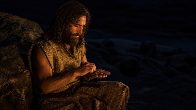 Bearded man in camel hair clothing eating locusts in desert at night. John the Baptist with modest meal in Judean wilderness. Biblical fasting and asceticism concept.