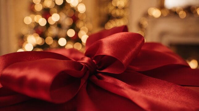 Close up of festive red ribbon bow on a dark background with golden bokeh.