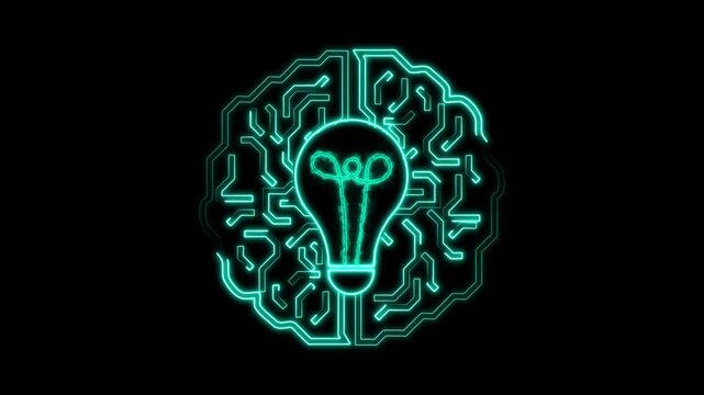 Glowing teal line art of a brain shaped circuit with a light bulb on a black background, showing artificial intelligence, creativity and innovation.