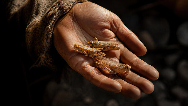 Hand of John the Baptist holding dried locusts in open palm. Man in camel hair garment eating insects in Judean desert. Biblical prophet food, fasting and asceticism concept.