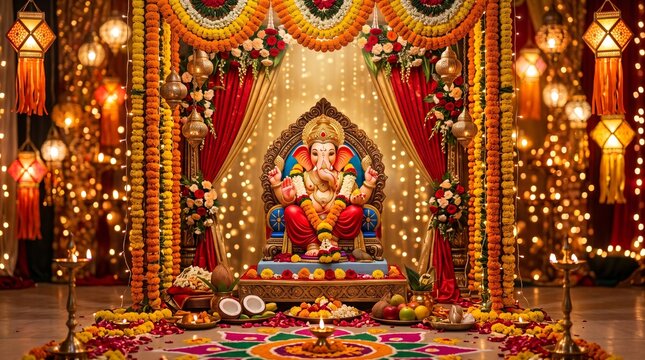 Luxurious Ganesh Chaturthi mandap setup featuring a radiant Lord Ganesha idol surrounded by sparkling fairy lights, golden lanterns, colorful rangoli, and fresh flower garlands.