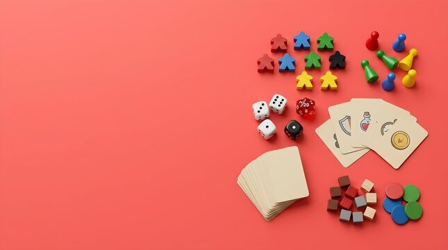 Board game components with meeples, dice, and cards on red background including copy space.
