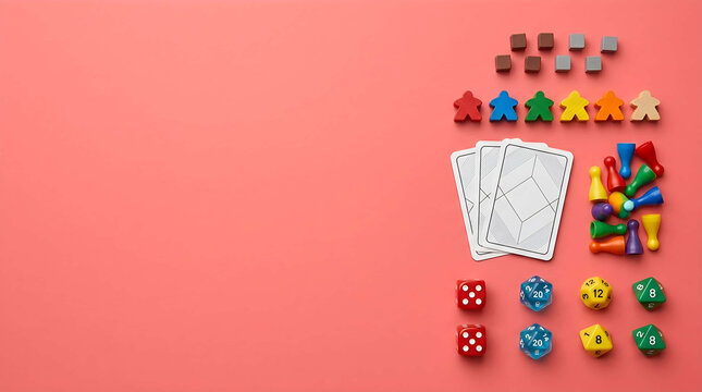 Tabletop board game components and polyhedral RPG dice on pink background with negative space.