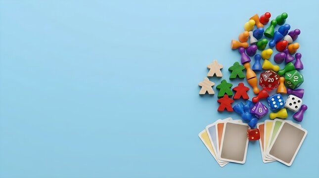 Board game components with dice and meeples on blue background with copy space