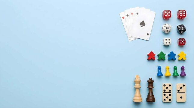 Top view of various board game pieces, playing cards, dice, and chess figures on light blue background