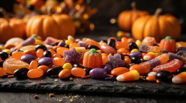 Colorful Halloween candy and pumpkins on a dark stone table surface