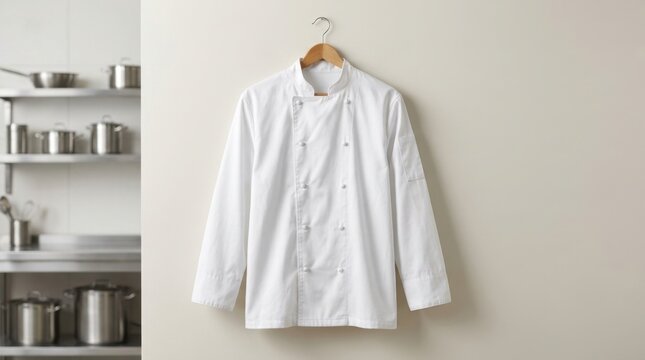 Professional White Chef Jacket Hanging on Wall in Commercial Kitchen.