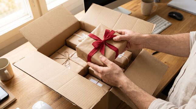 Hands placing wrapped gift into box of anonymous presents secret santa office exchange photo