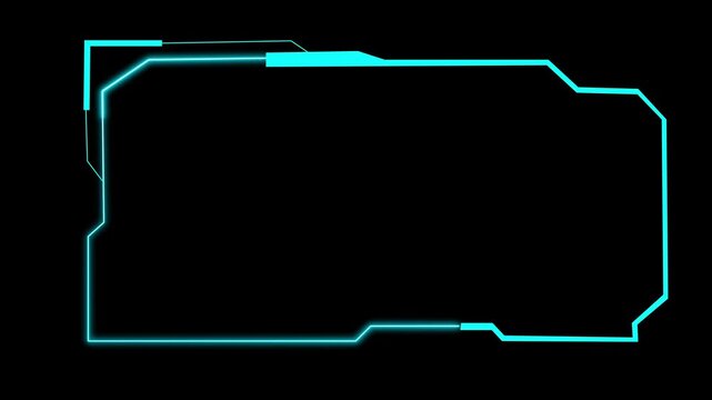 Cyan interface frame animation displays sharp angular borders. High tech gaming overlay graphics shape this interface frame. Sci-fi display framing highlights the interface frame.