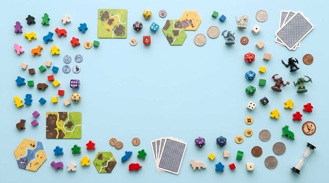 Variety of Tabletop Board Game Components and RPG Accessories Arranged in a Frame on Blue Surface