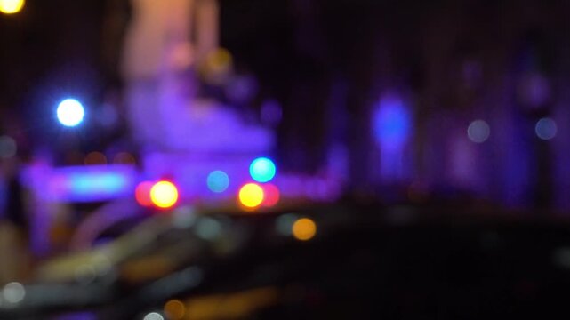 Blurred Light flasher a top of a police car. American City crime. Police lights, blur. USA Police car on the street. Scene of crime bokeh. Crime murder theft arrest. Scene of an emergency. ambulance