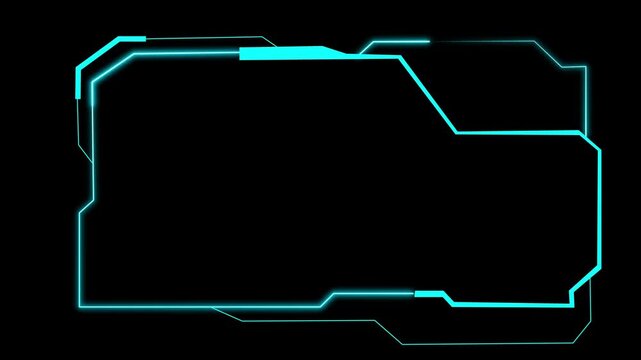 Cyan interface frame animation displays angular digital lines. High tech screen border overlays shape this interface frame. Futuristic sci-fi graphics use the interface frame.