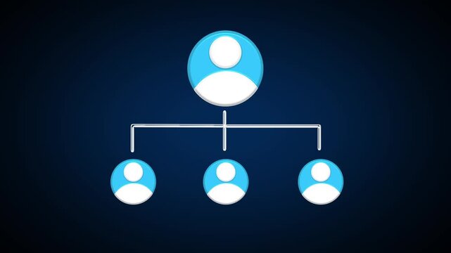 3d illustration of a simple organizational chart with a leader icon connected to three team member icons on a dark blue background.