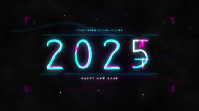 New Year 2025 countdown animation, date change from 2024 to 2025 neon lights