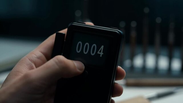 Close up of a hand pressing a button on a digital tally counter device.