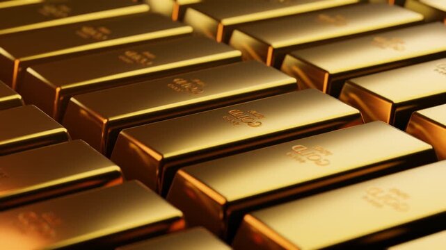 Gold bars stacked pile up of metal golds concept background business success wealth investment banking abstract financial luxury. 3D animation render 4K. stack. Precious metals ingots. Savings. golden