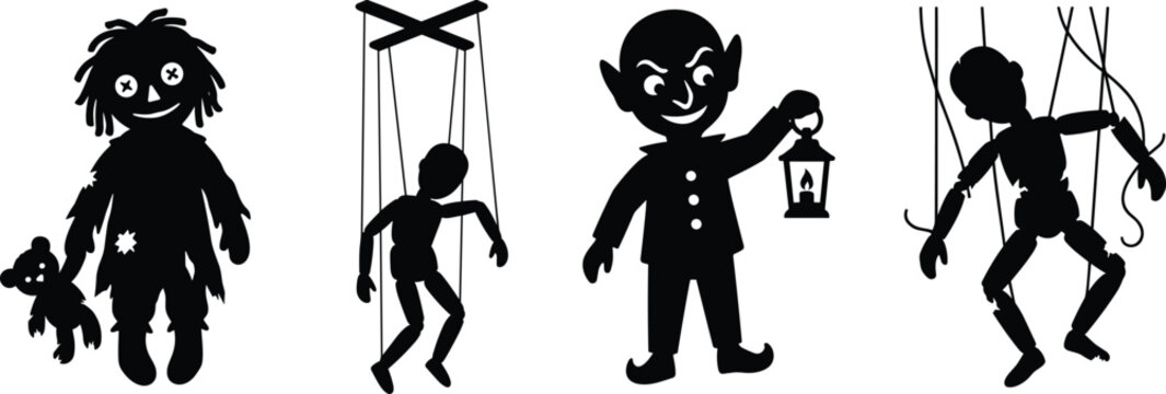 Creepy doll and puppet silhouettes featuring ragdoll, marionette, mischievous figure with lantern, spooky vector illustration design concept artwork