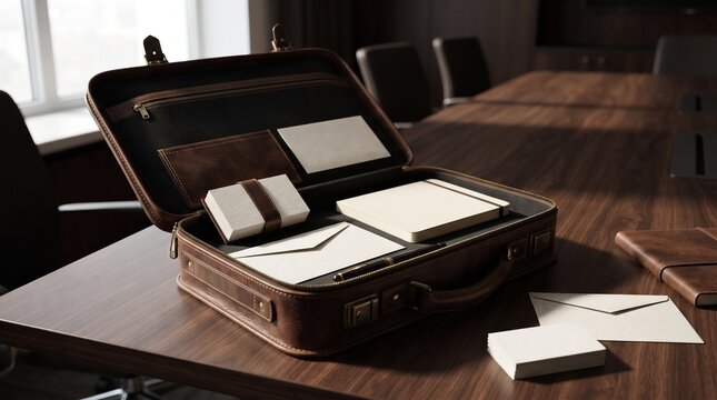 Open leather briefcase with stationery and envelopes on a wooden office boardroom table