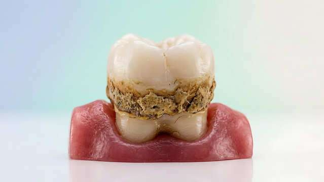 Human molar with severe dental calculus and tartar buildup