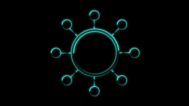 Glowing turquoise virus or molecule icon with circular branches on a black background, creating a modern science and technology concept