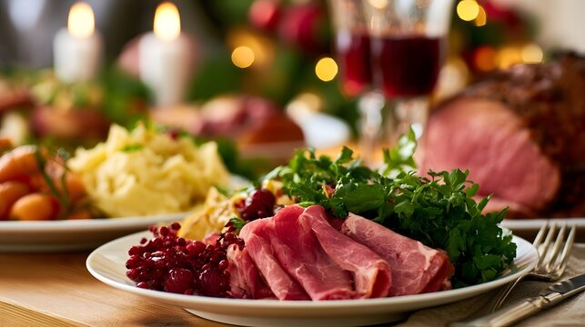 A festive holiday dinner table featuring sliced ham  mashed potatoes  cranberries  and fresh herbs with candles and wine in the background