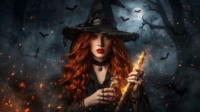 Mysterious red haired witch holding a glowing magic staff in a dark enchanted forest under a full moon