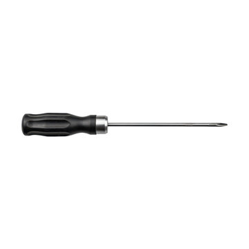 Long phillips head screwdriver with a black ergonomic rubber grip handle isolated on a transparent background