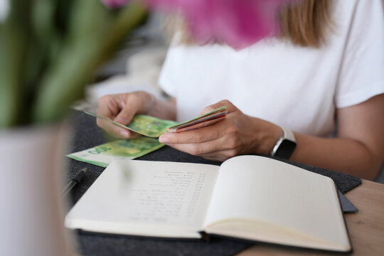 Woman counting euro banknotes while planning home budget