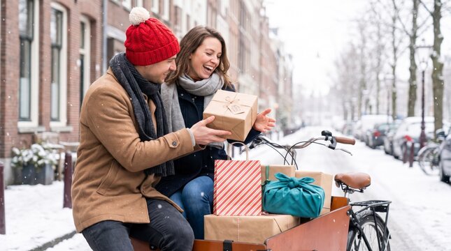 Affectionate couple exchanges wrapped gift on cargo bike in snowy street