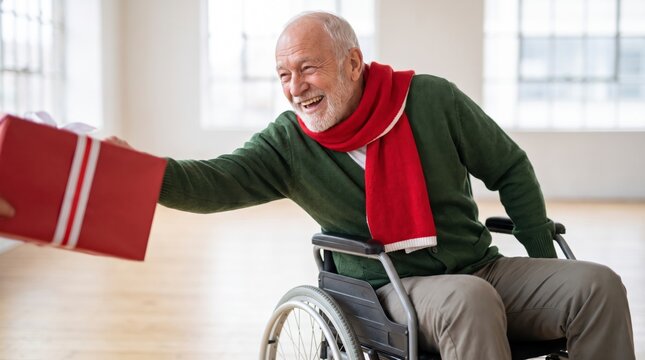 Joyful senior man in wheelchair reaches for wrapped christmas gift indoors