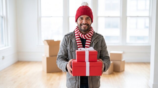 Confident man holds stacked red gift boxes inside a bright industrial loft