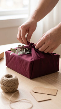 Skilled hands tie burgundy fabric gift wrap with eucalyptus sprig and twine