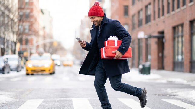 Brisk man crosses snowy avenue holding wrapped gifts and checking phone