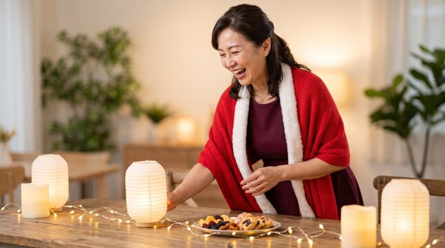 Welcoming senior woman arranges lanterns and cookies on rustic holiday table