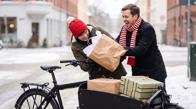 Playful couple loads wrapped gifts into cargo bike basket on snowy street