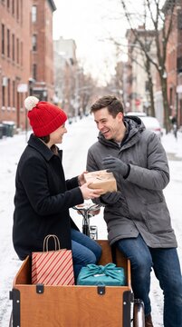 Tender couple shares wrapped gift beside cargo bike on snowy city street