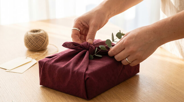 Meticulous hands finish burgundy furoshiki gift wrap with eucalyptus sprig