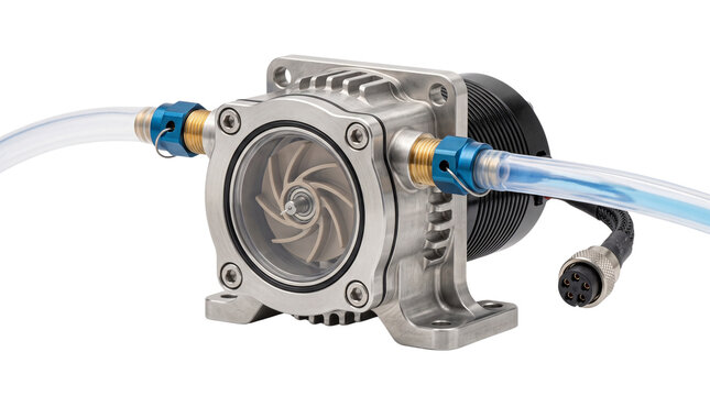 Industrial centrifugal water pump with transparent housing, high-performance cooling system pump, metal mechanical fluid pump on white background
