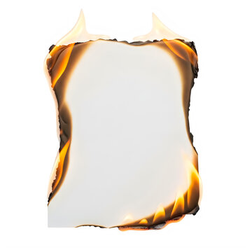A blank rectangular sheet of white paper burning with bright orange flames