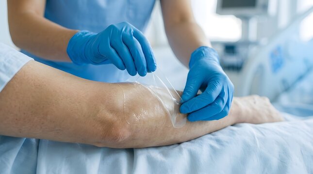 Applying Transparent Film Dressing to Elbow for Pressure Injury Prevention