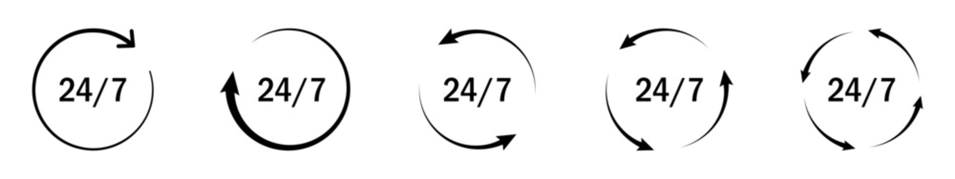 24 7 circular arrow icon set useful for refresh, reload, continuous service, support, availability and business applications.
