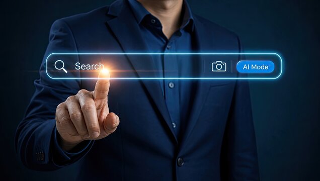 Businessman in dark blue suit touches glowing search bar with AI mode button, symbolizing innovative digital interaction and artificial intelligence technology.