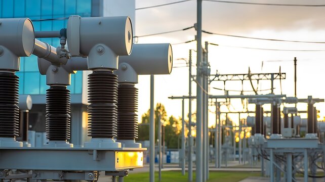 A high-voltage electrical substation with large metal equipment and power lines against a bright sunset sky in an industrial power distribution area