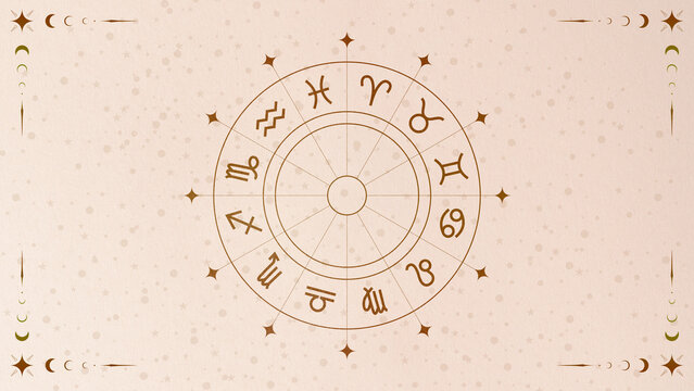 Astrology zodiac signs circle with symbols and stars on light background
