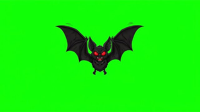 Flying cartoon bat with red eyes on a green screen background, chroma key
